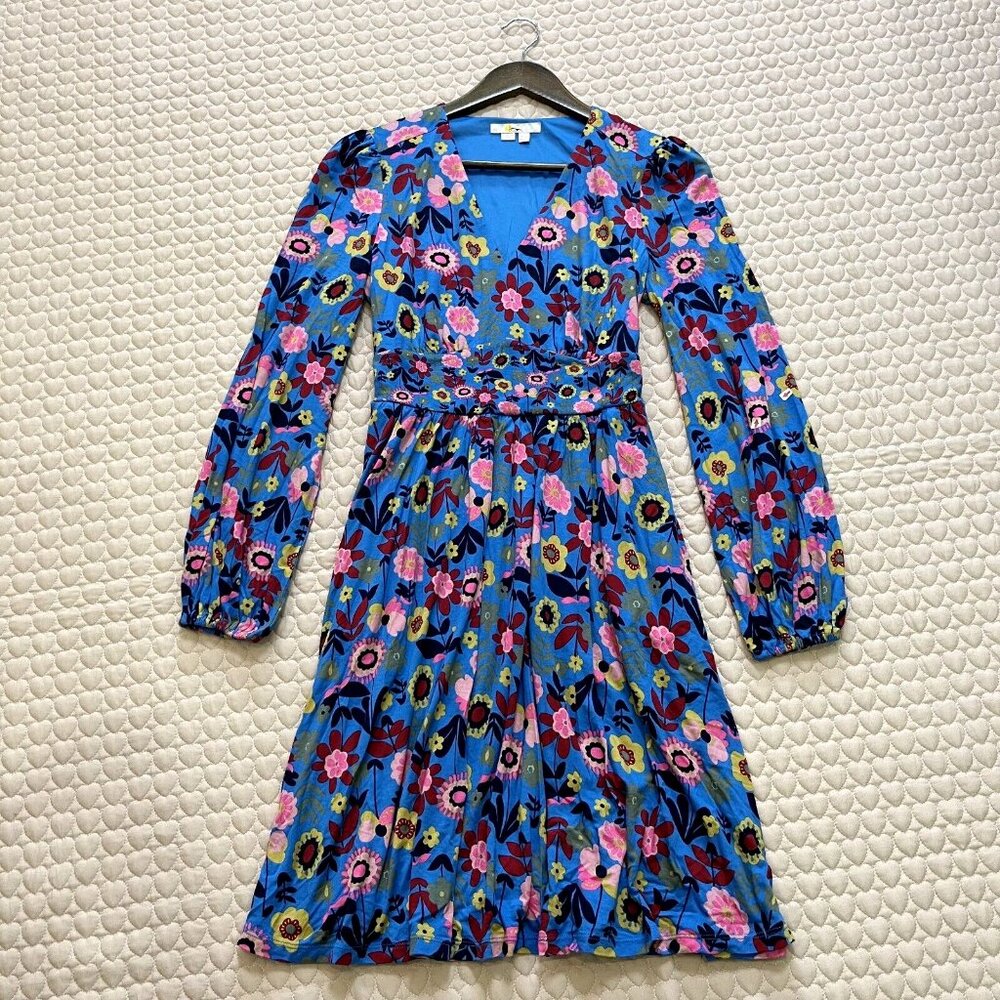 NWOT Boden Jersey Mini Tea Dress Long Moroccan Blue Flora Bloom Size 6L - Picture 2 of 10
